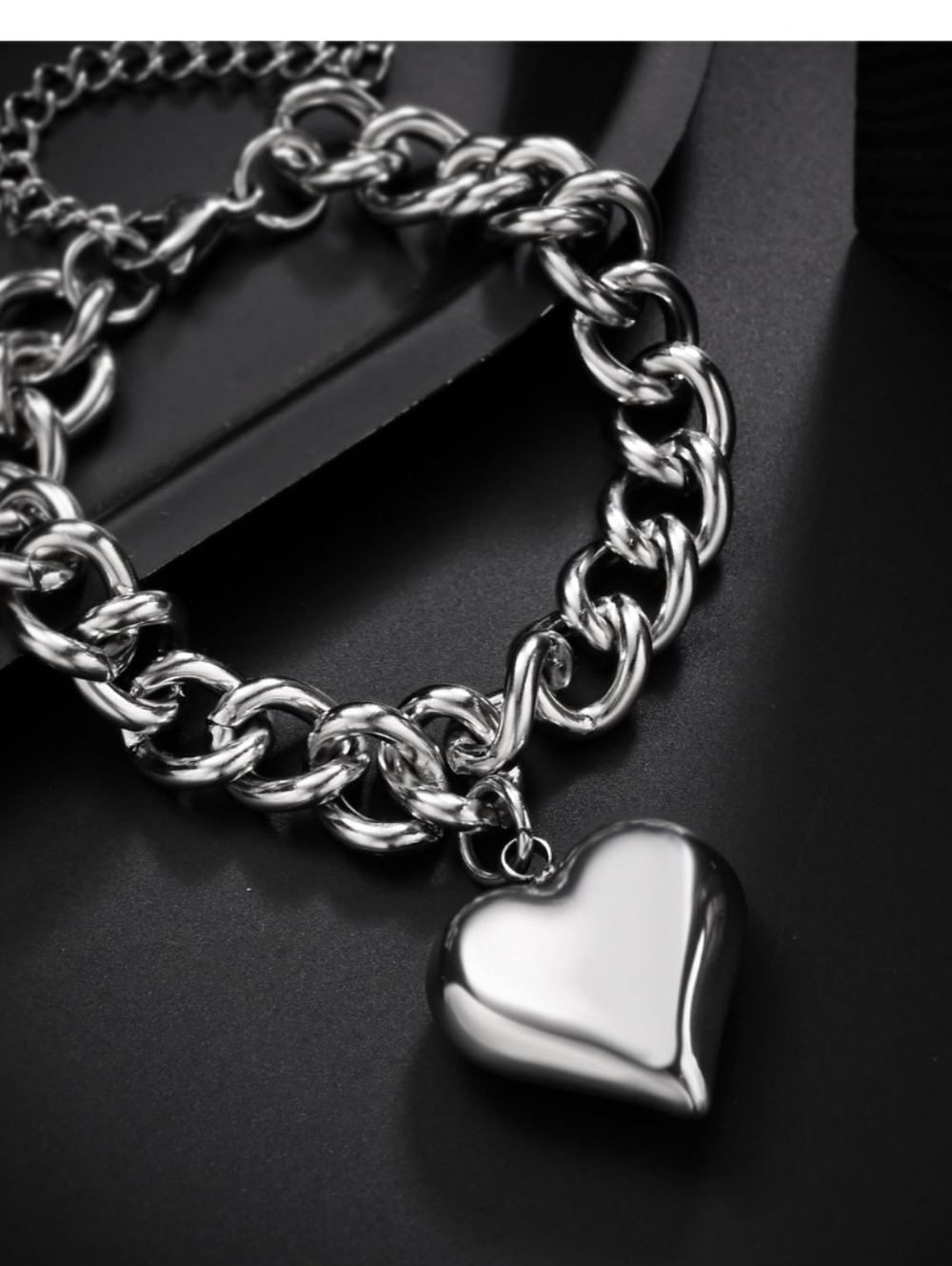 Silver Heart Charm Chunky Chain Bracelet - Women Jewelry